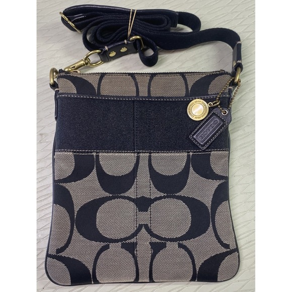 Coach Signature Stripe Swingpack‎ Crossbody Tan&Black Purse 8.5x7" Authenticated - Picture 1 of 14